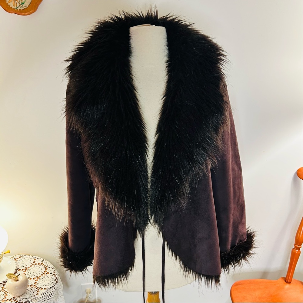 Chic Brown Faux Fur Trimmed Teddy Jacket , faux suede